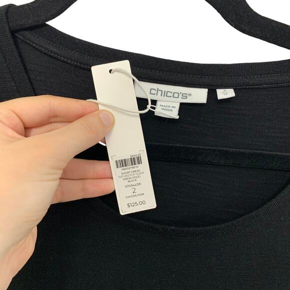 Chico's Textured Puff Sleeve Mini Dress Womens Sz 2 (L) Black Modal Quiet Luxury - Picture 3 of 6